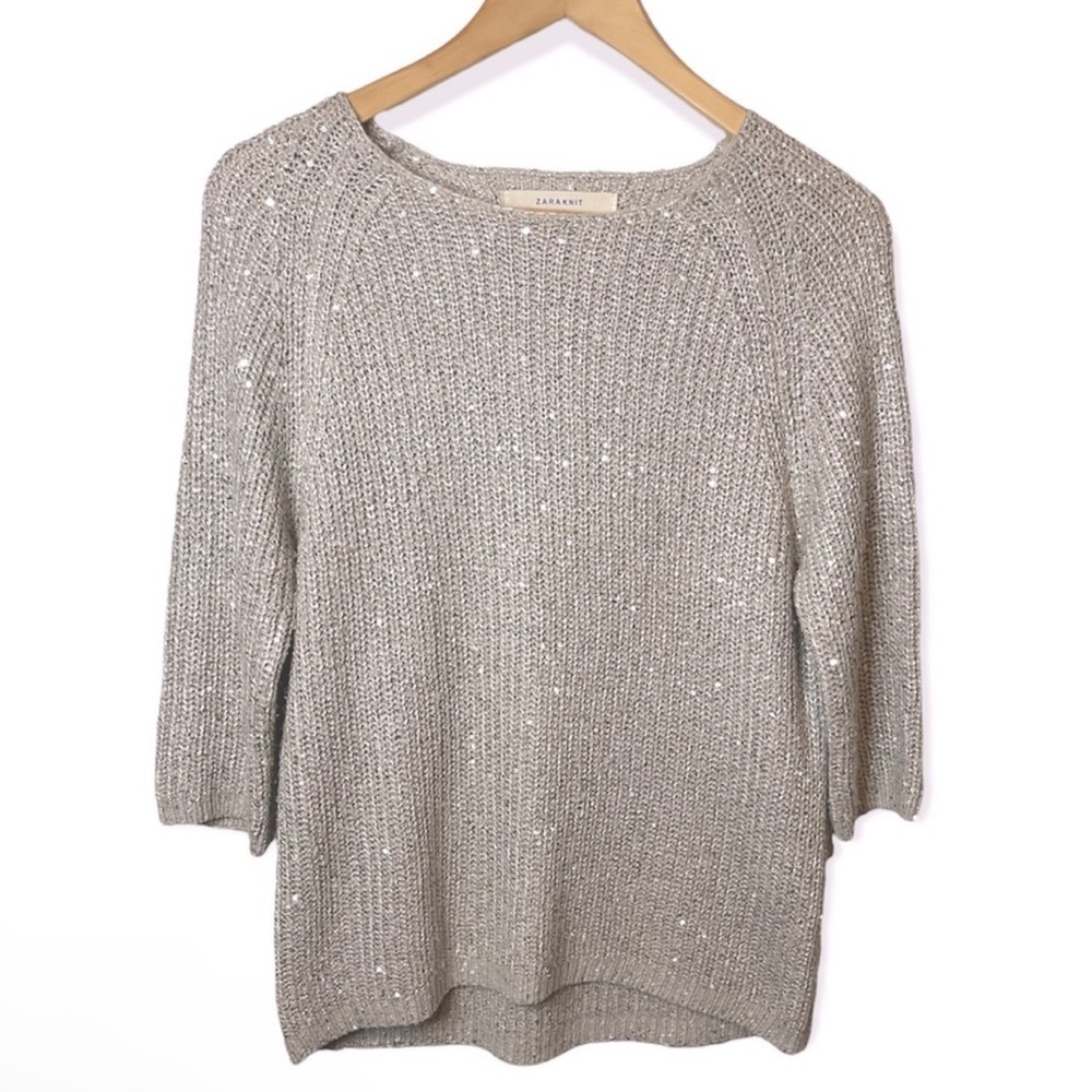 Zara‎ Knit Gray sequins 3/4 Sleeve Sweater​​​​